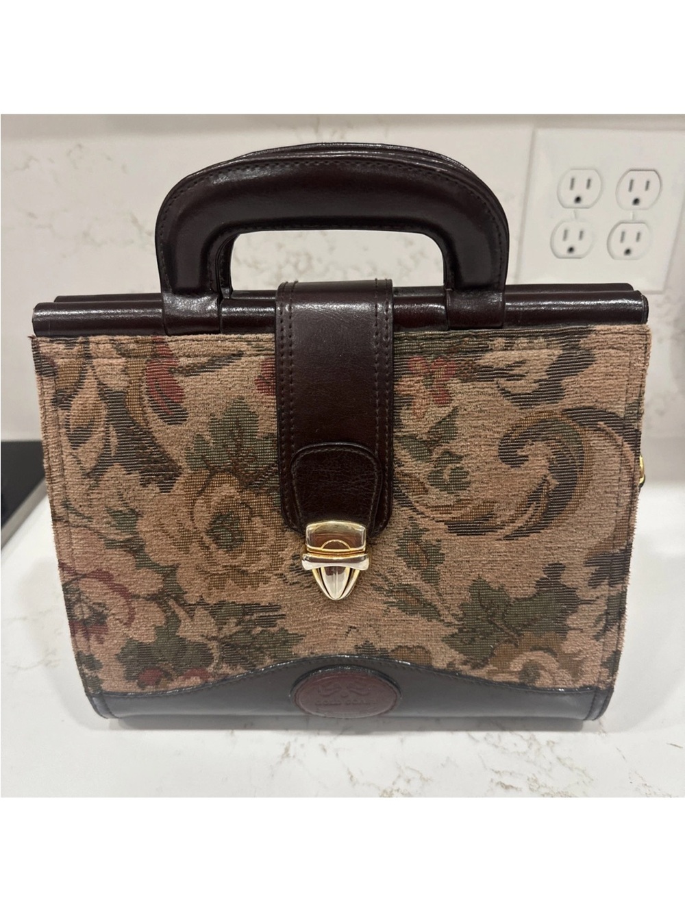 Vintage Gold Coast Tapestry Carpet Bag Hard Purse Floral Leather Trim No Strap